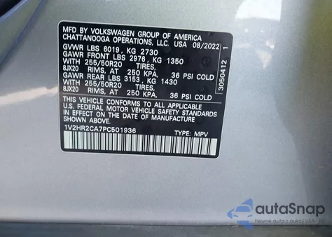 2023 Volkswagen Atlas 3.6L V6 Se W/Technology из США, поврежденный, VIN 1V2HR2CA7PC501936